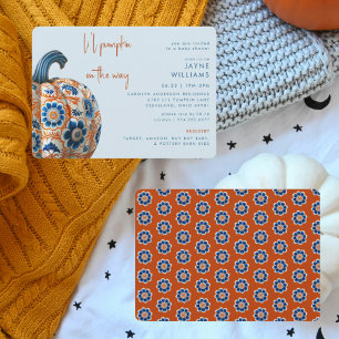 Kleine Pompoen Blauwe en Oranje Baby Shower Kaart