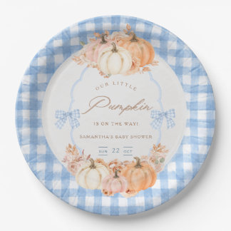 Kleine Pompoen Blauwe Gingham Strik Baby Shower Papieren Bordje