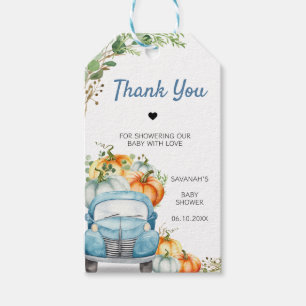 Kleine Pompoen Blauwe Vrachtwagen Baby shower Favo Cadeaulabel