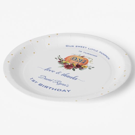  Kleine pompoen dankzegging 1e verjaardag jongen  Papieren Bordje (Gekanteld)