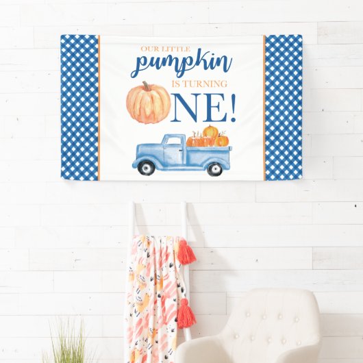 Kleine Pompoen Eerste Verjaardag blauwe vrachtwage Spandoek (Insitu)