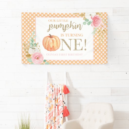 Kleine Pompoen eerste verjaardag bloemen en plaid Spandoek (Insitu)