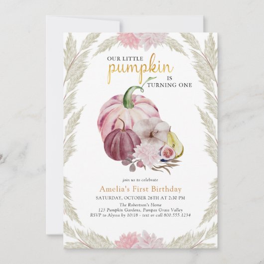 Kleine pompoen en pampas gras meisjes verjaardag kaart (Voorkant)