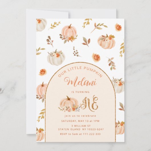 Kleine pompoen gouden meisje eerste verjaardag kaart (Voorkant)