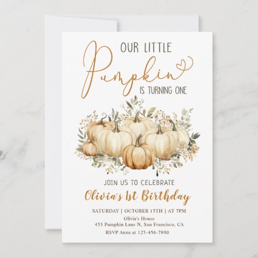 Kleine Pompoen Herfst Bloemen 1e Verjaardagsfeest Kaart (Voorkant)