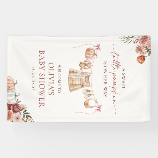 Kleine Pompoen Herfst Roze Meisje Baby Shower Welk Spandoek (Horizontaal)