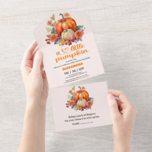 Kleine pompoen herfst waterverf bloemenkinderfeest all in one uitnodiging
