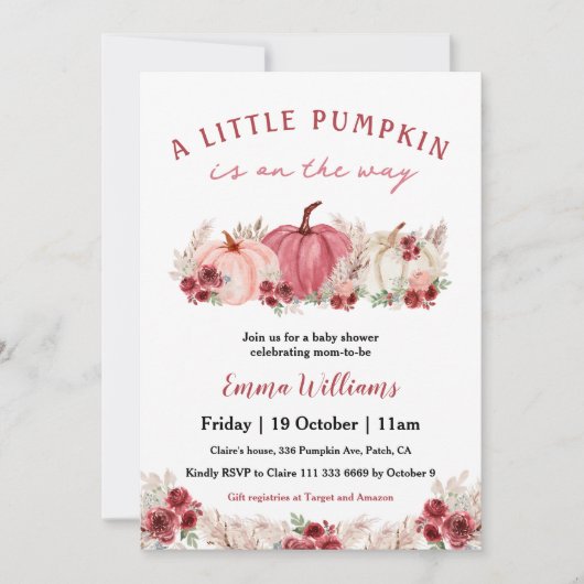 Kleine pompoen is op weg naar Marsala Baby shower Kaart (Voorkant)