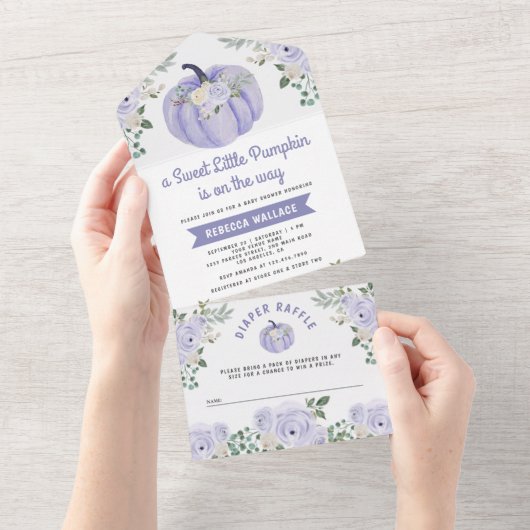 Kleine Pompoen Lavendel Rozen Baby shower All In One Uitnodiging (Afscheurbaar)