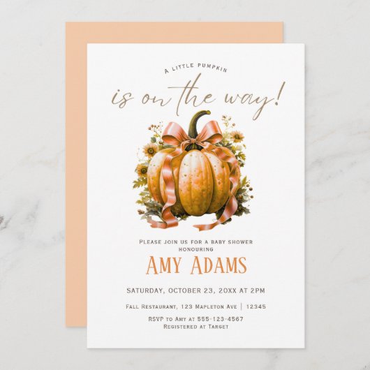 Kleine pompoen met lint Babyshower Uitnodiging (Voorkant / Achterkant)