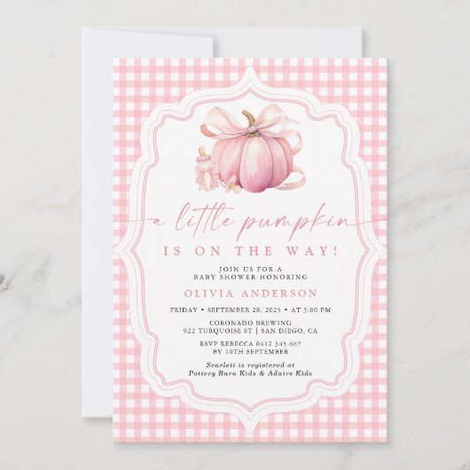 Kleine Pompoen Mooie Roze Strik Meisje Baby Shower Kaart (Voorkant)