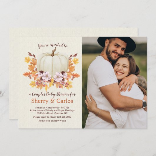 Kleine Pompoen Op Weg Koppel Baby Shower Foto Kaart (Voorkant / Achterkant)