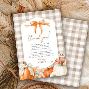 Kleine pompoen oranje strik gingham baby shower bedankkaart