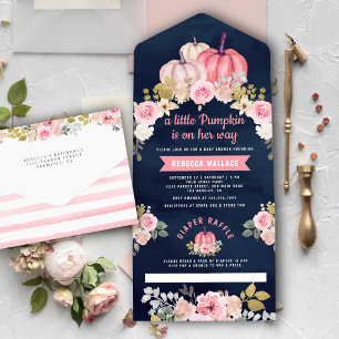 Kleine Pompoen Roze Bloemen Navy Blauwe Baby Showe All In One Uitnodiging