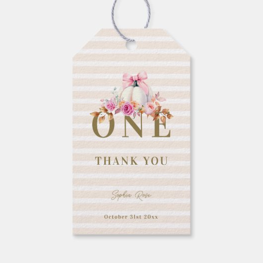 Kleine Pompoen Roze Bow Rozen 1e Elegante Verjaard Cadeaulabel (Achterkant)