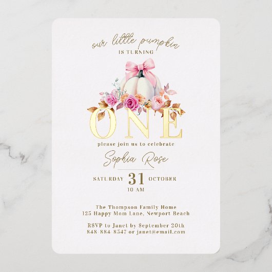 Kleine Pompoen Roze Bow Rozen 1e Verjaardag Goud Folie Uitnodiging (Voorkant)