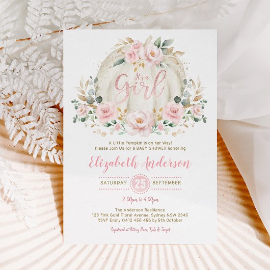 Kleine pompoen roze goud bloemig meisje Baby showe Kaart