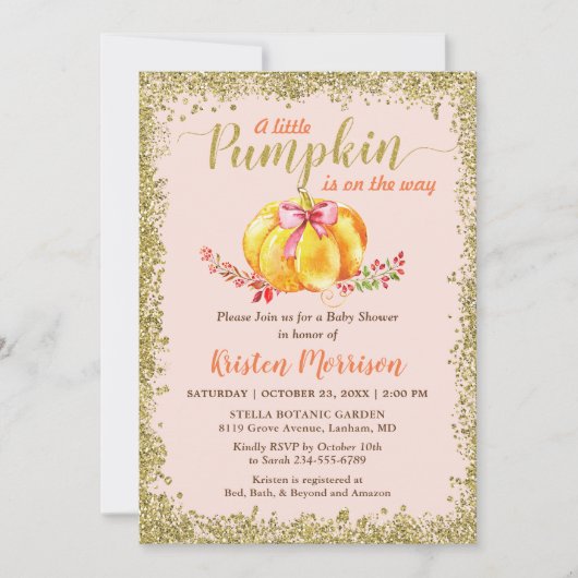 Kleine Pompoen Roze Gouden Glitter Herfst Baby Sho Kaart (Voorkant)