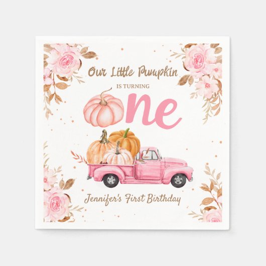 Kleine Pompoen Roze Vrachtwagen Meisje Herfst 1e V Servet (Voorkant)