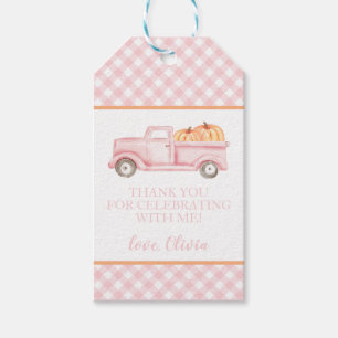 Kleine pompoen roze vrachtwagen ruitjes eerste ver cadeaulabel