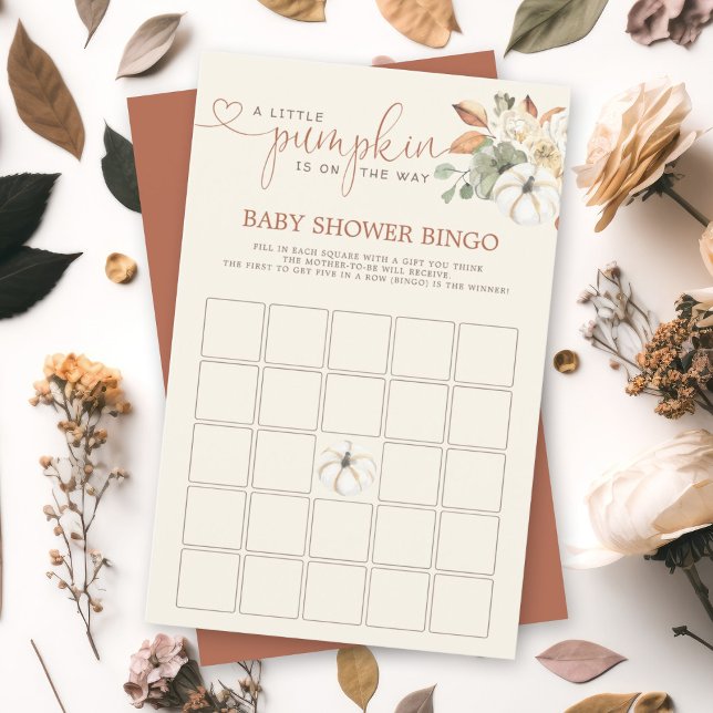 Kleine pompoen rustieke bloemen bingo douche spell (A soon-to-be mom will love this watercolor autumn pumpkin floral design bingo baby shower card.)