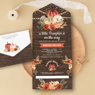 Kleine Pompoen Rustieke Hout Terracotta Baby Showe All In One Uitnodiging