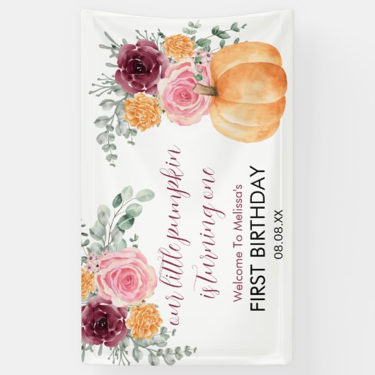 Kleine pompoen wordt één jaar verjaardagsgroet spandoek (Verticaal)