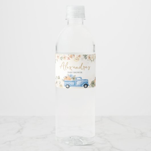 Kleine pompoenblauw Baby shower Waterfles Etiket (Voorkant)