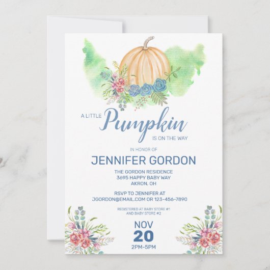 Kleine pompoenblauwe Herfst Floral Boy Baby shower Kaart (Voorkant)