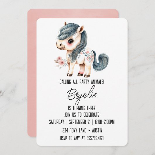 Kleine Pony Verjaardag Schattige Wit Paard Roze Kaart (Voorkant / Achterkant)