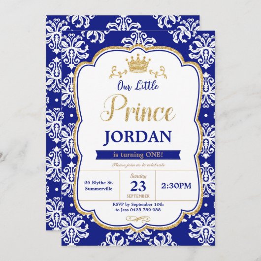 Kleine prins 1e verjaardag Royal Blue Damask Boy Kaart (Voorkant / Achterkant)