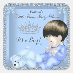Kleine Prins Baby Shower Jongen Blauwe Damast Spee Vierkante Sticker