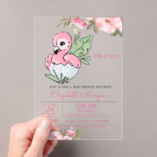 Kleine Prinses, Roze Flamingo Bloemen Baby Shower Acryl Uitnodigingen