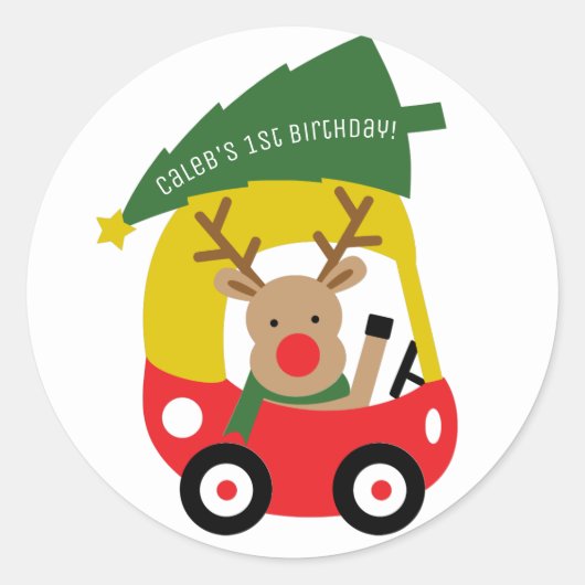 Kleine rendier rode auto kerstboom Kinder feest Ronde Sticker (Voorkant)