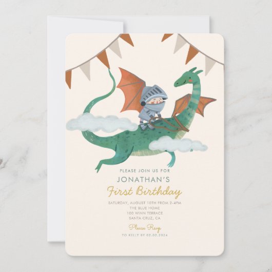 Kleine ridder met Dragon Eerste Verjaardag Kaart (Voorkant)