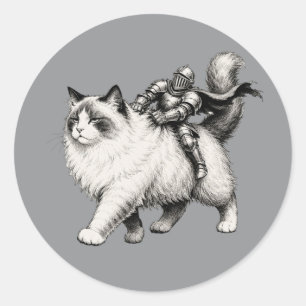Kleine Ridder Rijdt op Chagrijnige Fluffy Kat Midd Ronde Sticker