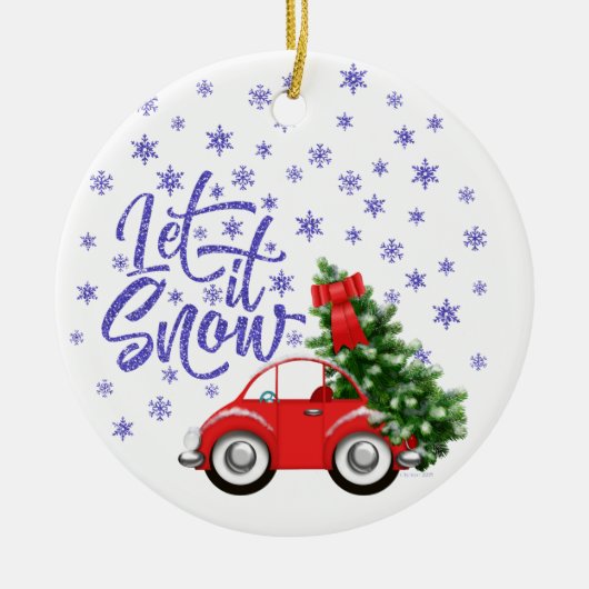 Kleine rode auto met kerstboom keramisch ornament (Voorkant)