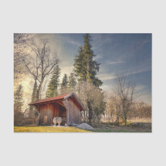 Kleine rode schuur met keramische potten tissuepapier (Voorkant)