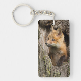 Kleine rode vos in een holle boom sleutelhanger
