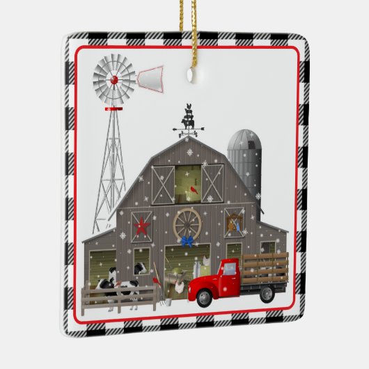 Kleine rode vrachtwagen en oude veehouderij keramisch ornament (Rechts)