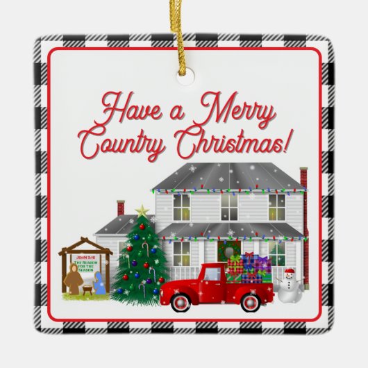 Kleine rode vrachtwagen met Boerderij House Keramisch Ornament (Voorkant)