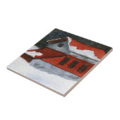 Kleine rode winterschuur met sneeuw tegeltje (Zijkant)