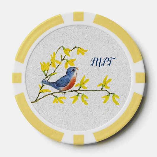 Kleine Rood Blauw Zingende Vogel op Tak Bloemen Poker Chips (Voorkant)