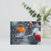 Kleine roodborstvogel zit op een tak in de winter briefkaart (Staand voorkant)