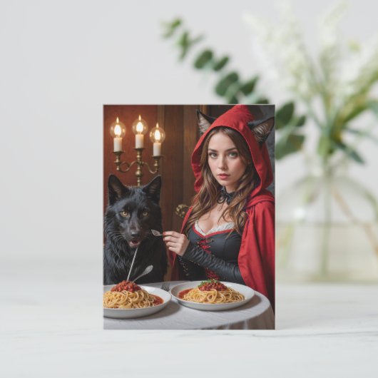 Kleine Roodkapje en Wolf Eet Spaghetti Briefkaart (Staand voorkant)