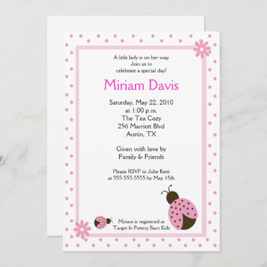 Kleine roze Ladybugs 5x7 Babykatoen Shower Invitat Kaart (Voorkant / Achterkant)