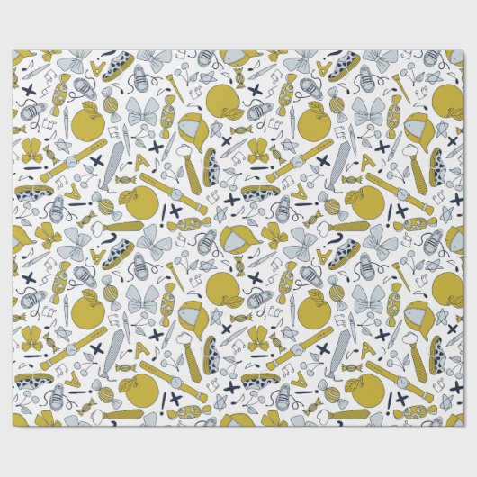 Kleine schooldingen verspreid over cadeaupapier (Zoom)