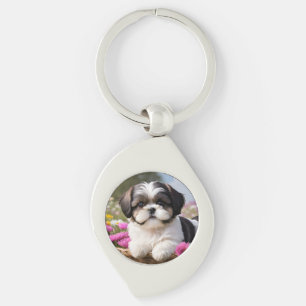 Kleine Shih Tzu Puppy Mand Basket Bloemen Sleutelhanger