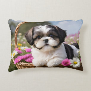 Kleine Shih Tzu Puppymand Bloemen Accent Kussen