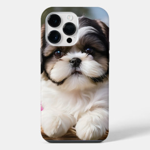 Kleine Shih Tzu Puppymand Bloemen iPhone 14 Pro Max Hoesje